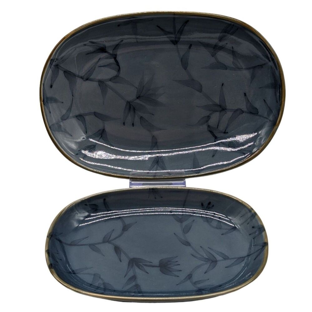 Pier 1 Set Of Two Serving Dishes, Blue Bamboo Design Pattern 10x6 And 8x5.5 Mint